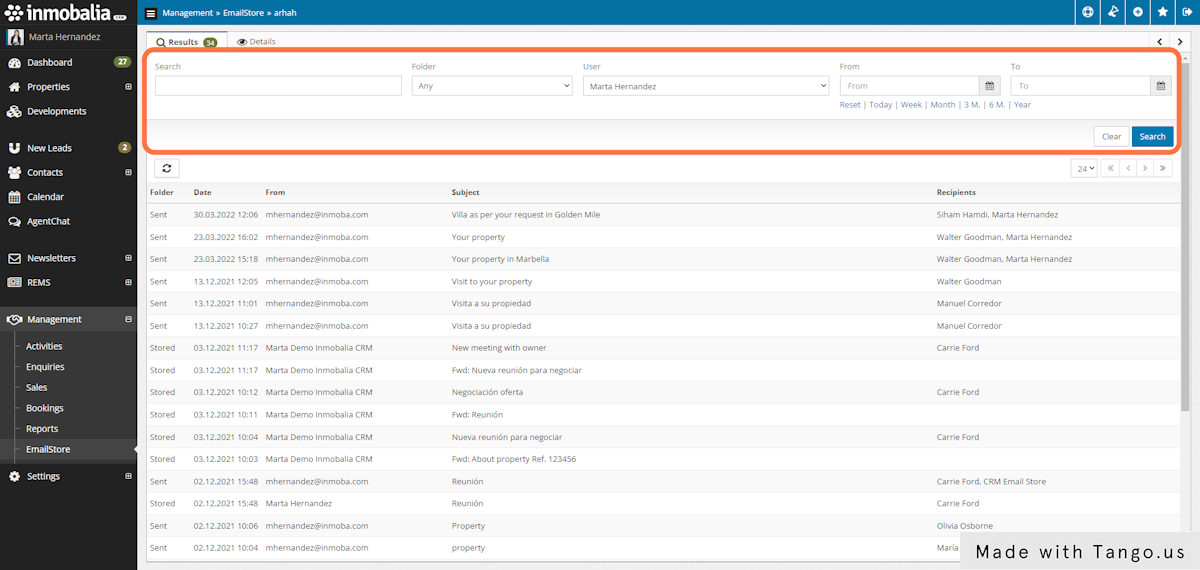 You can use the search engine to filter and find conversations.