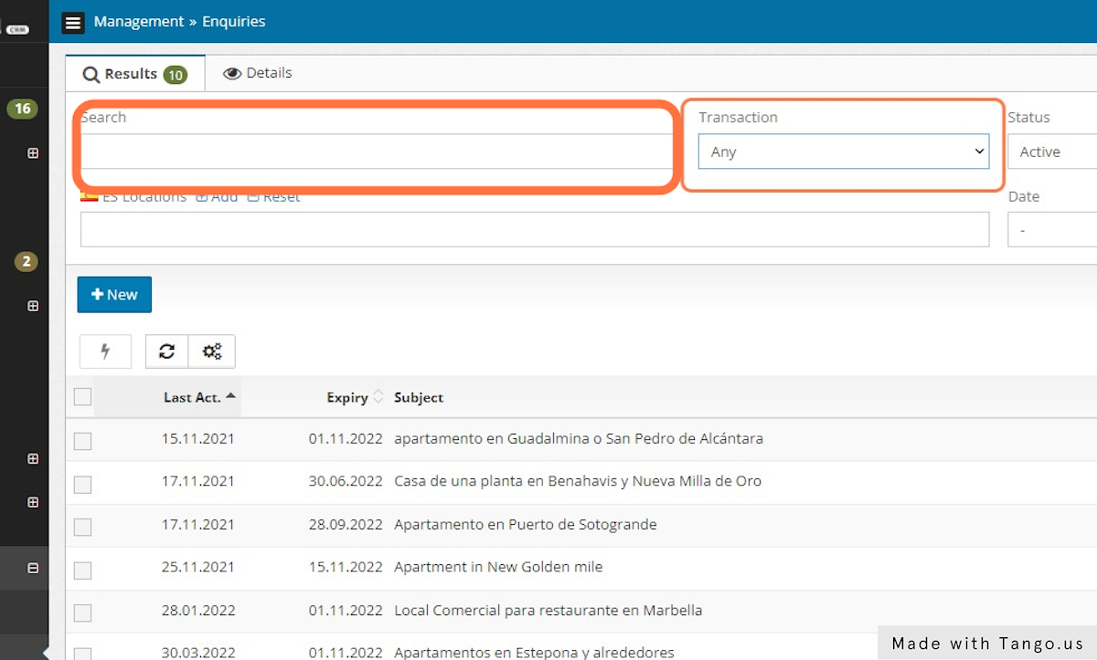 You can search typing a free text and also filtering by the type of transaction.