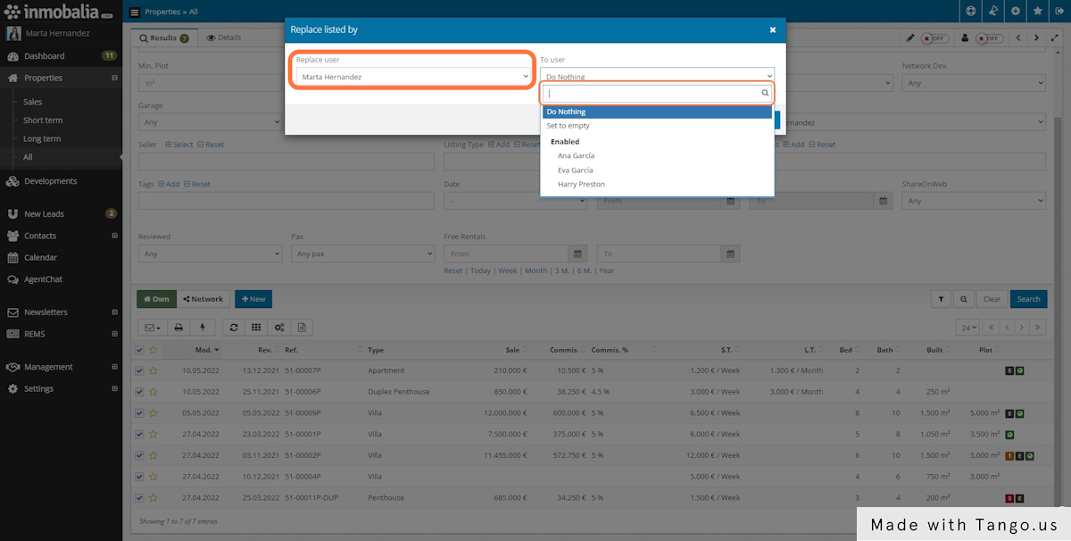 In the popping-up window select the present lister in the Replace User field and select the new lister in the To User field