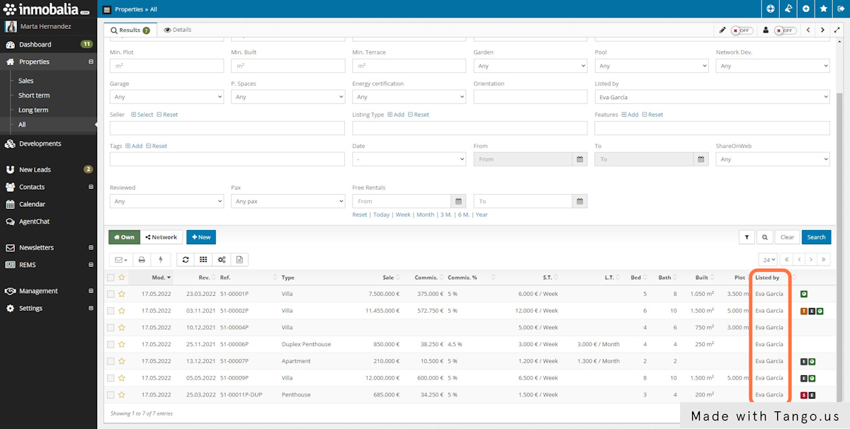 The properties are now listed by the new user.