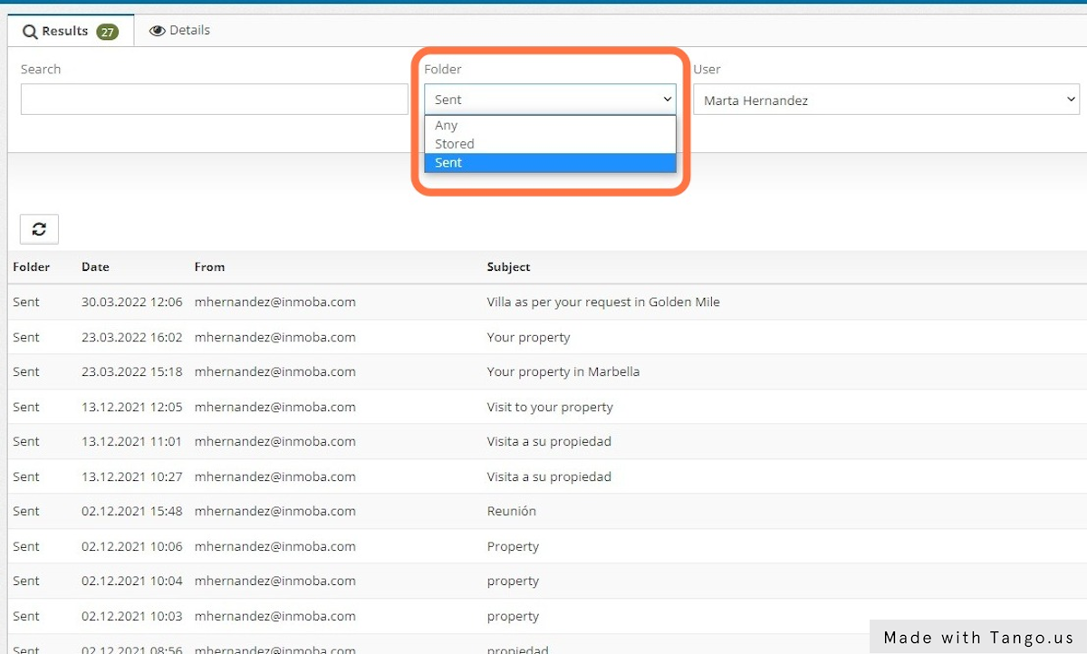 You can search by Folder: Any, Stored or Sent.
