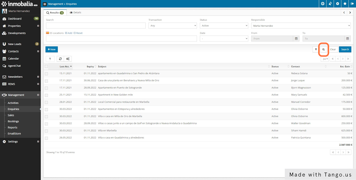 Click on the Magnifier Glass button for an advanced search.