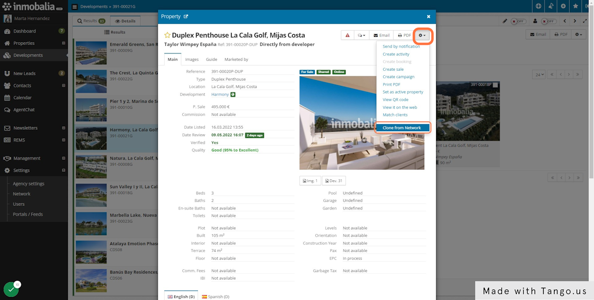 The Property window will pop up. Click on the wheel to open the Actions menu and select the option Clone from Network.