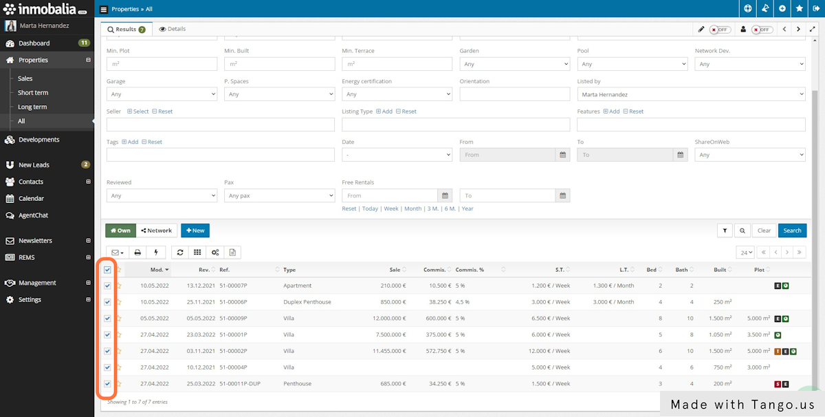 When you have the results, select all the properties in the list ticking the first checkbox.