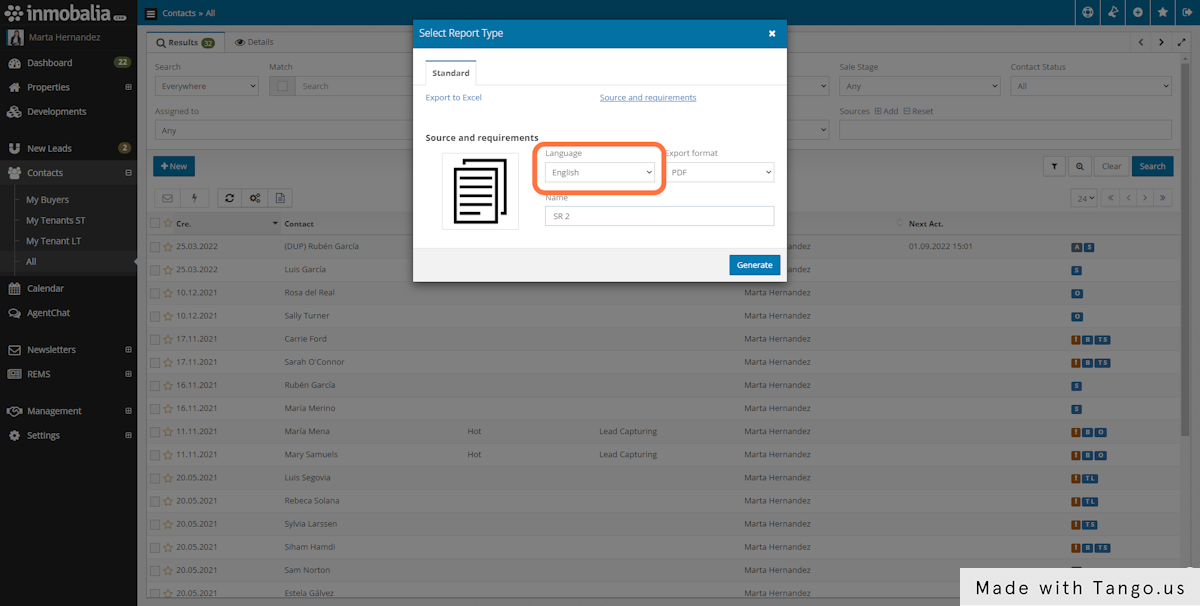 Select the language of the report.