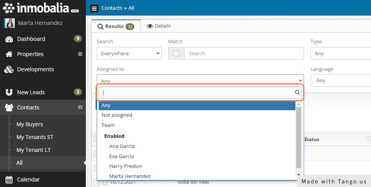 In the Contacts section use the Assigned To filter to get the list of contacts assigned to a specific user.