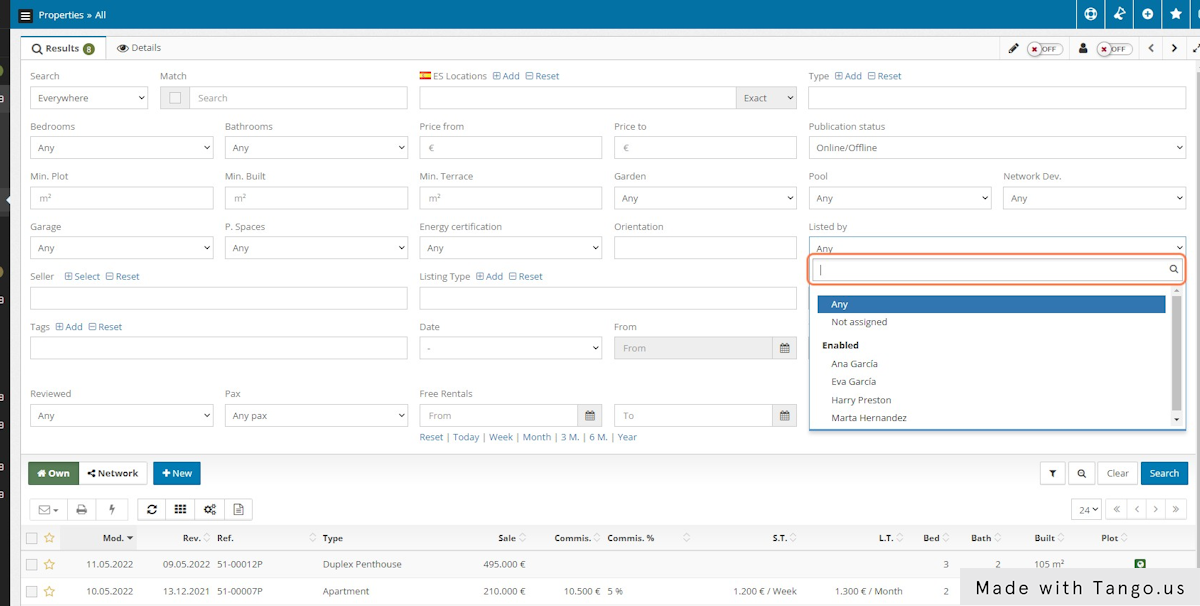 In the Properties section use the Listed By filter to get the list of properties listed by a specific user.