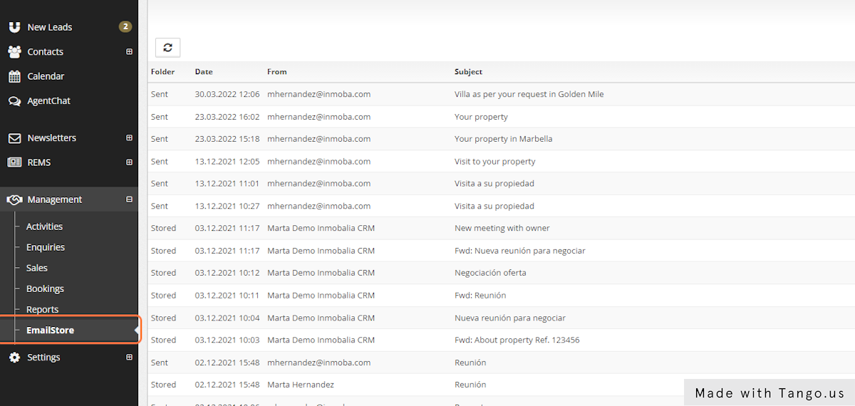 Go to Management > EmailStore
