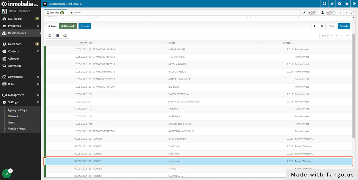 When Network developments are onscreen click on the one you want to work with.