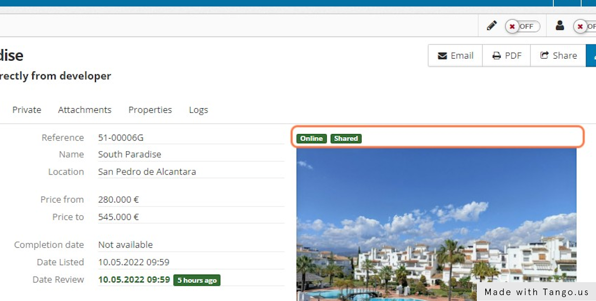 Now you can check that the development status is Online and Shared.
