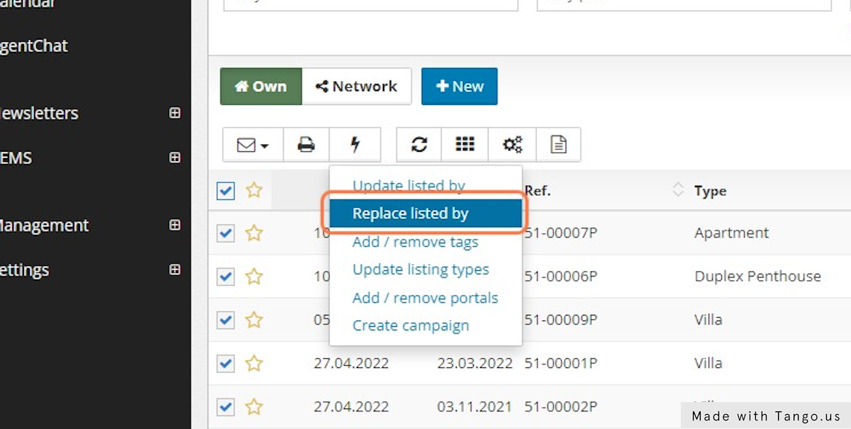 Select the option Replace listed by