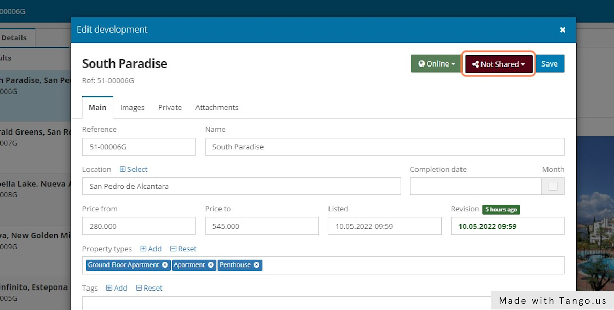 You will see that the option to share the Development is now enabled.