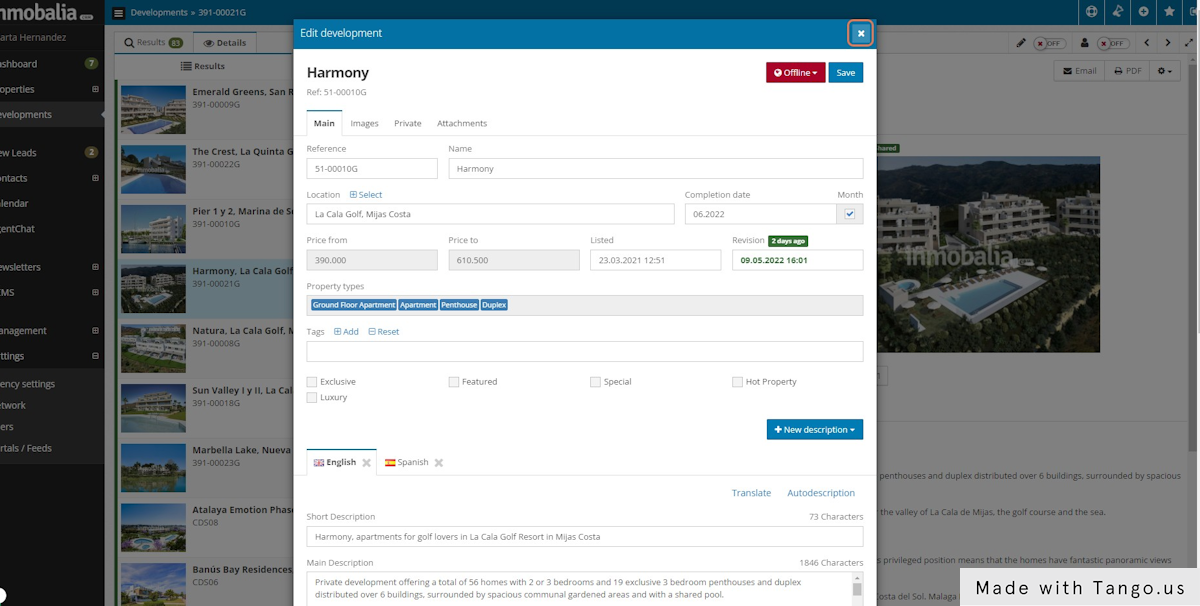 The cloned development window will pop up just in case you want to edit the cloned development. When you finish, close this window.