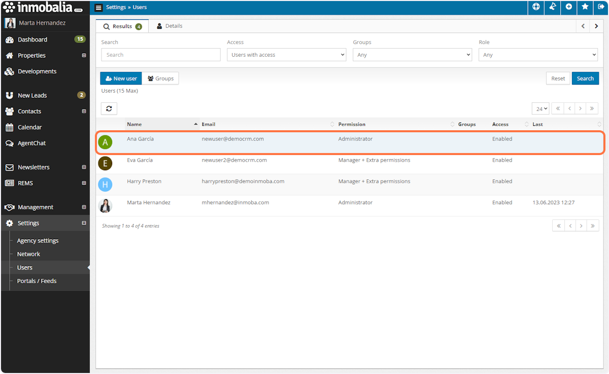 Back in the Users list click on any of the users if you want to include him/her in a Users Group