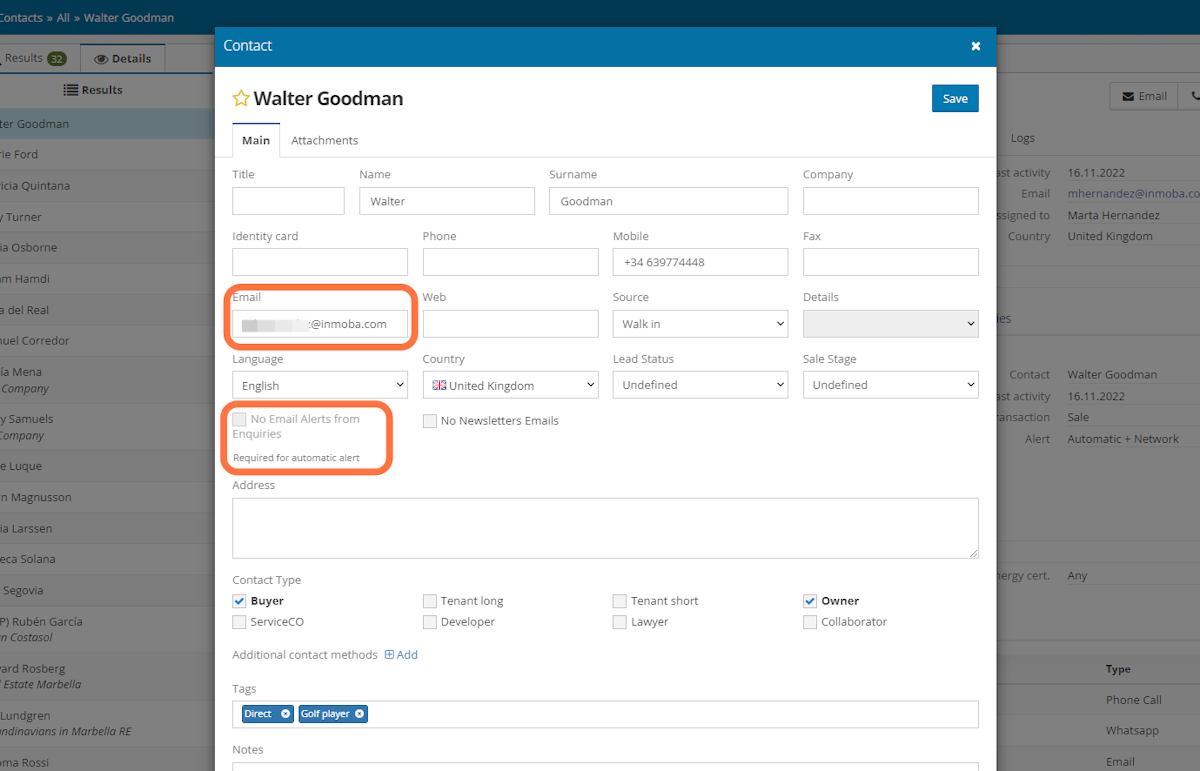 First requirement: the Contact mus have an email address. Second requirement: We need to have Contact's permission to send him/her automatic property alerts. If the Contact is not permitting it you must check this checkbox and automatic alert will not be enabled.
