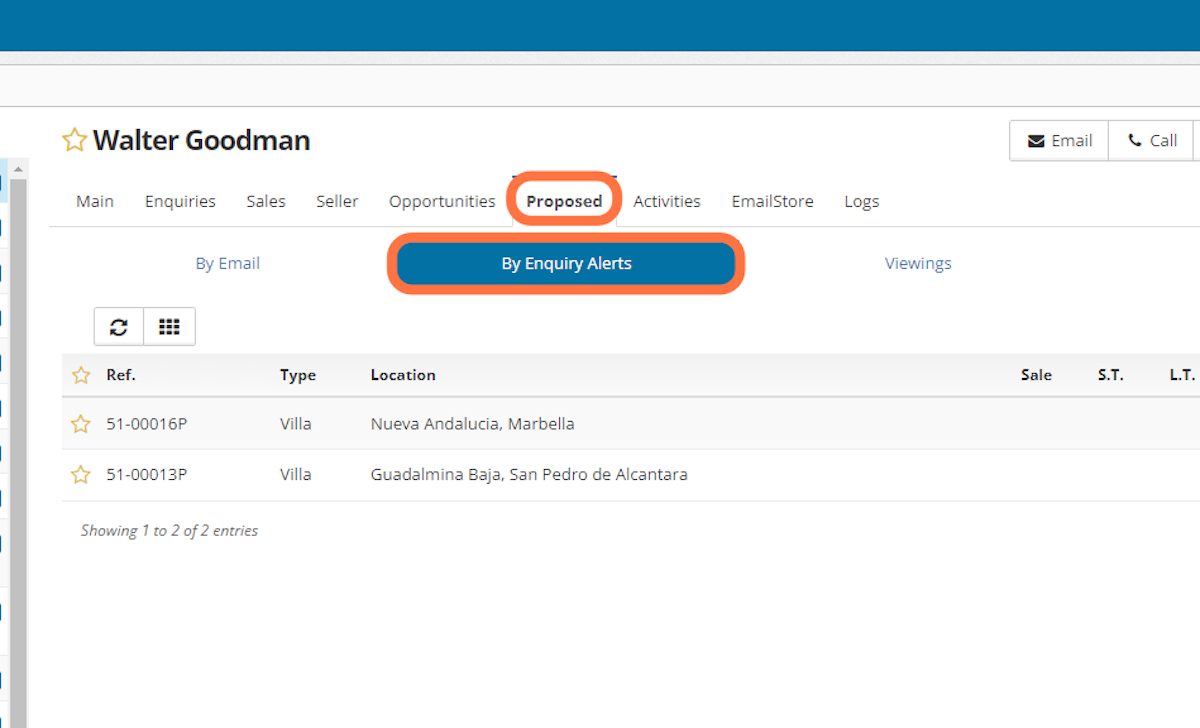 Now, every time a new property comes into the system and matches Contact's request it will be automatically sent to him/her. All the sent properties will be stored in the Contact's tab Proposed + By Enquiry Alerts so you will always know what the system has sent.