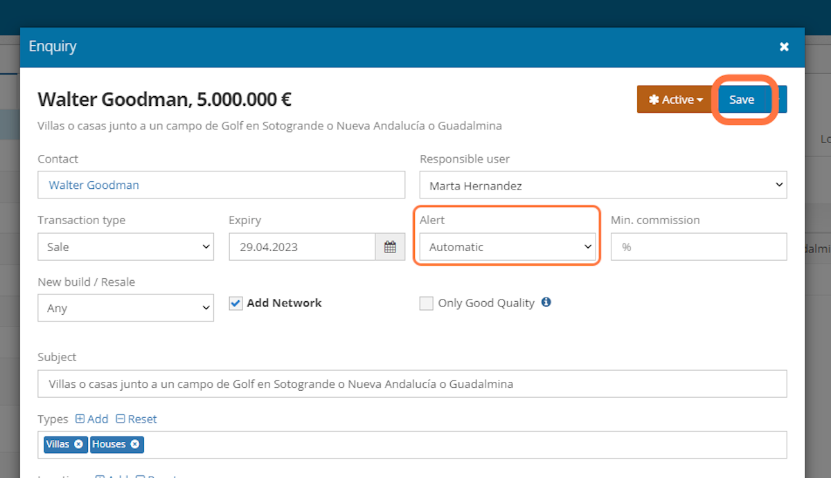 Select Automatic in the Alert field and Save.