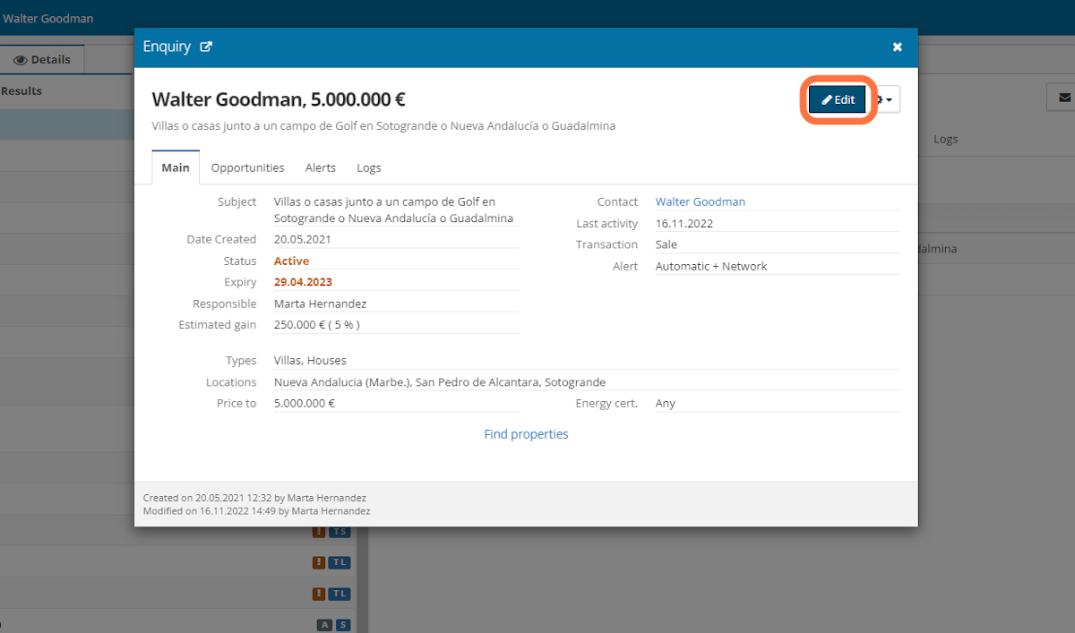 In the Enquiry click on Edit