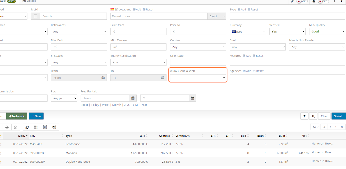 Use the Clone & Web filter to find the properties you can clone and publish.